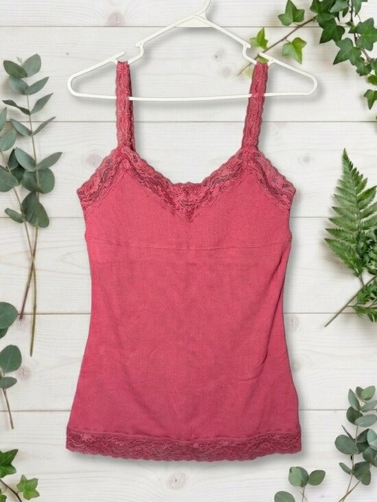 No Boundaries Tops - Vintage Y2K Lace Cami L Pink Fitted Built In Bra Cottage Fairy Core Lace Tank